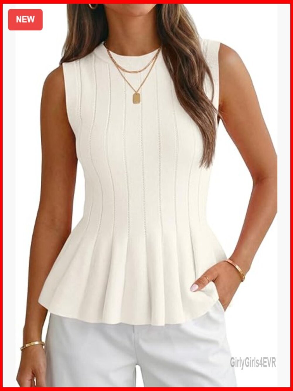Fitted Ribbed Knit Peplum Tank Top Crew Neck Summer Blouse